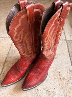 Justin Boots Brown Leather Cowboy Boots with Orange Pull Tabs